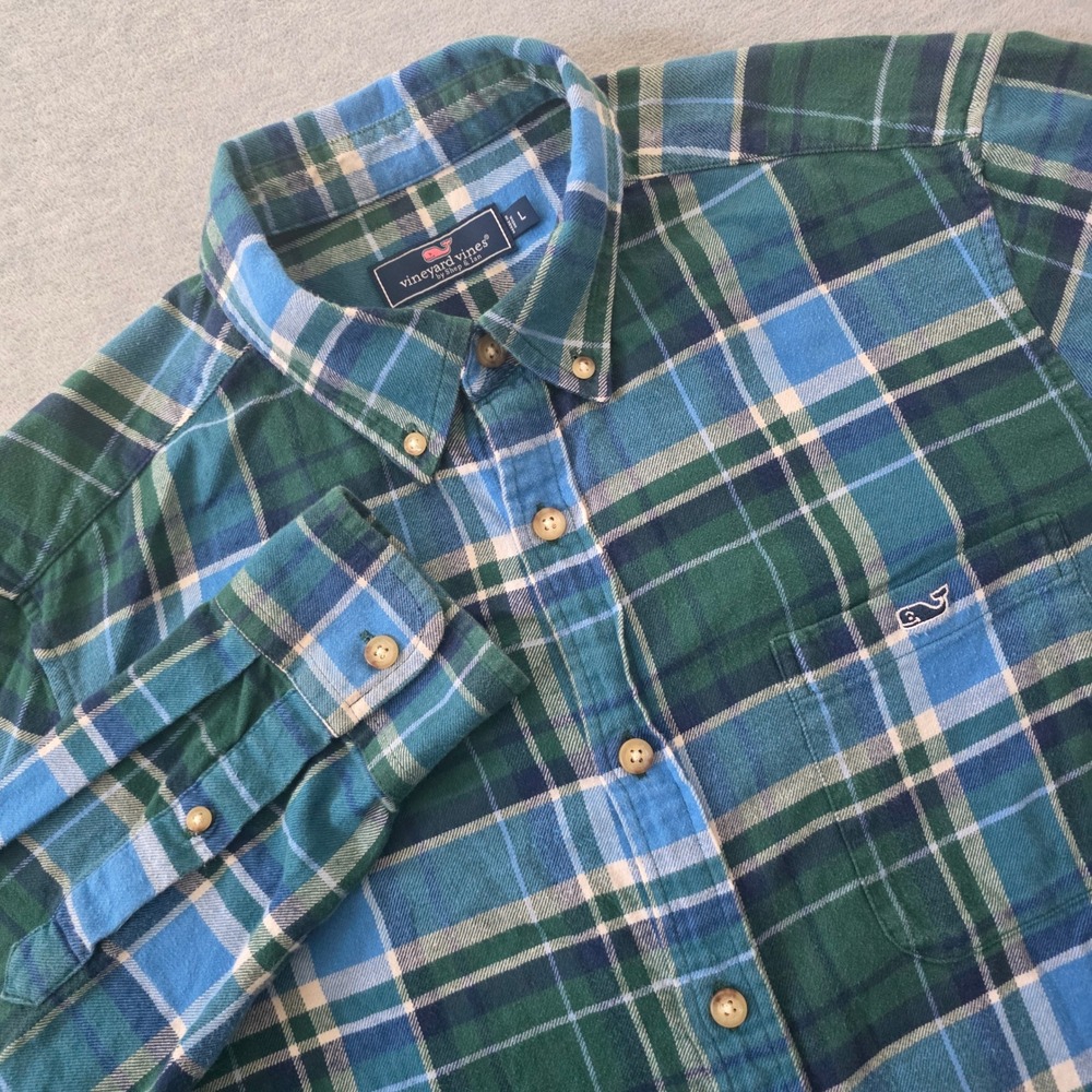 Vineyard Vines Mens Large Green Blue Plaid Flannel Button Down Shirt